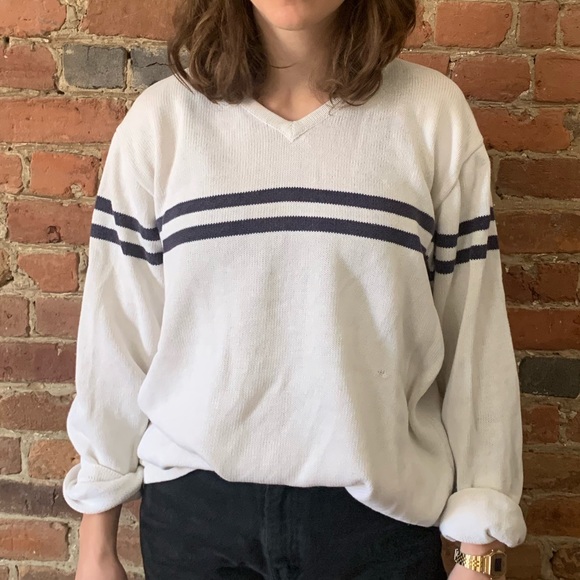 Sweaters - Navy and Cream Striped Knit Sweater